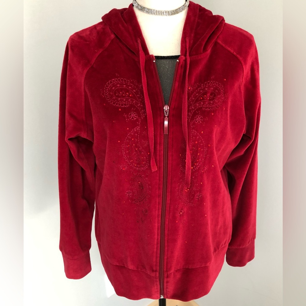 Red Velveteen McBling Rhinestone Zip Up Hoodie Track Jacket Size Medium